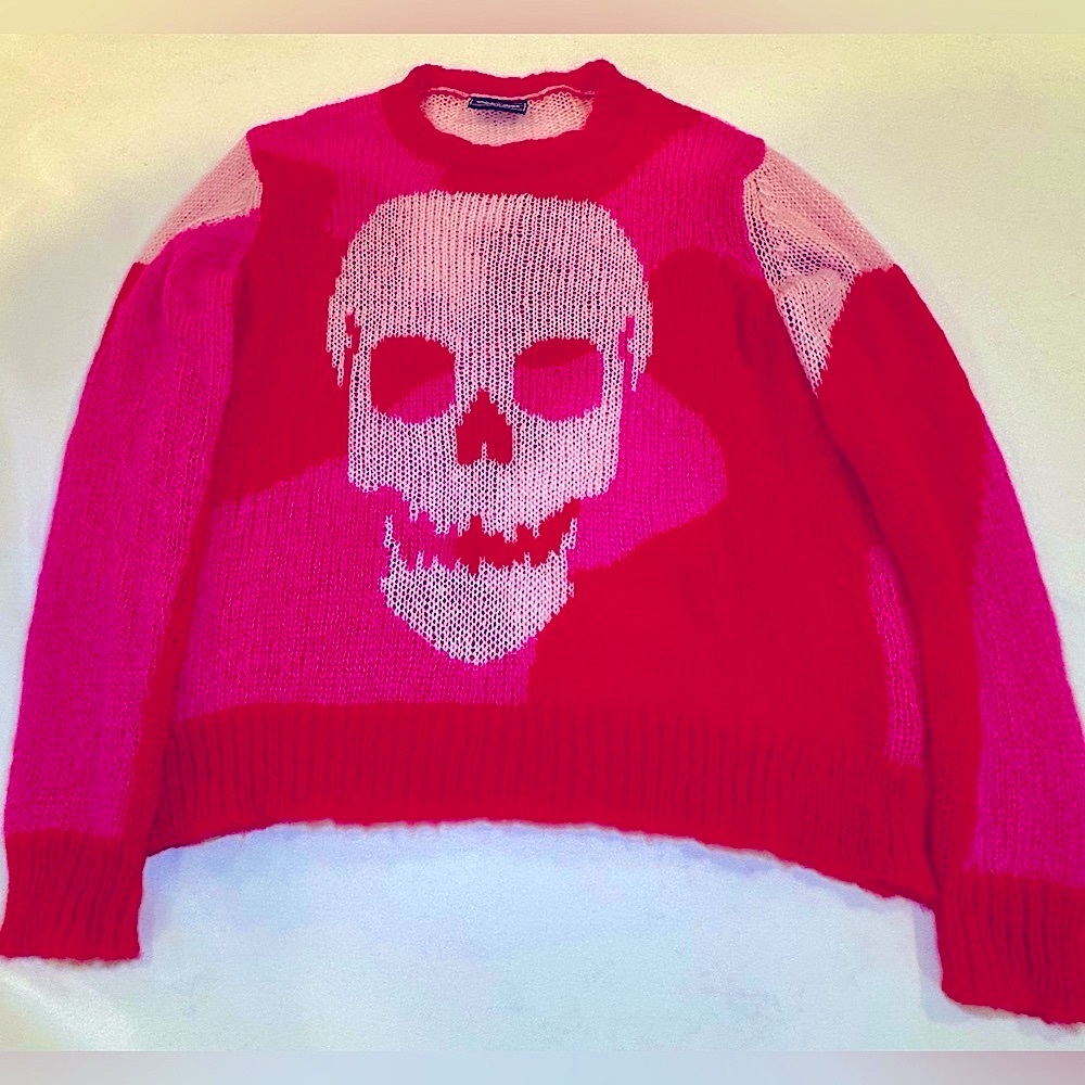 Wooden Ships Pink And Red Skull Sweater, Size Small/Medium
